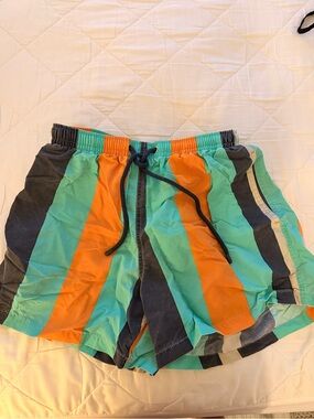 Zara Men's Striped Swim Trunks in Aqua, Orange & Charcoal